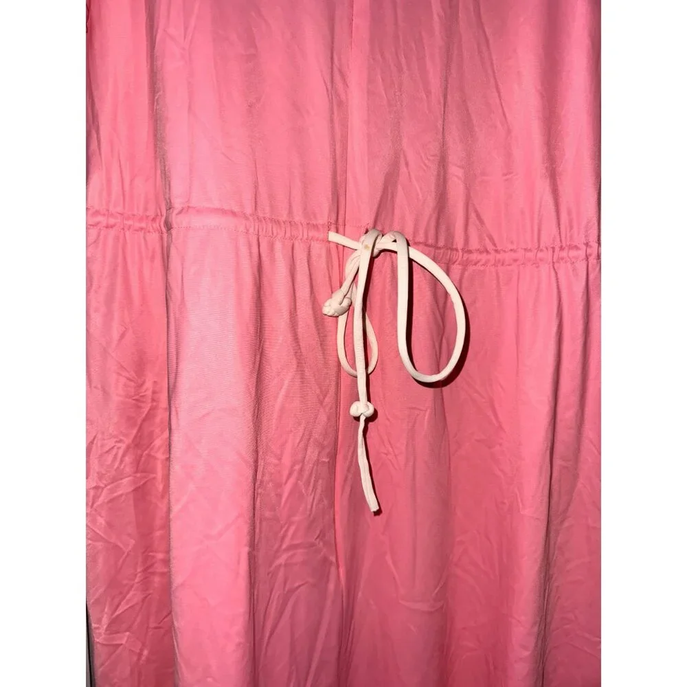 Pink Short-Sleeve Drawstring Waist Dress With Pockets & White Trim - Picture 5 of 10